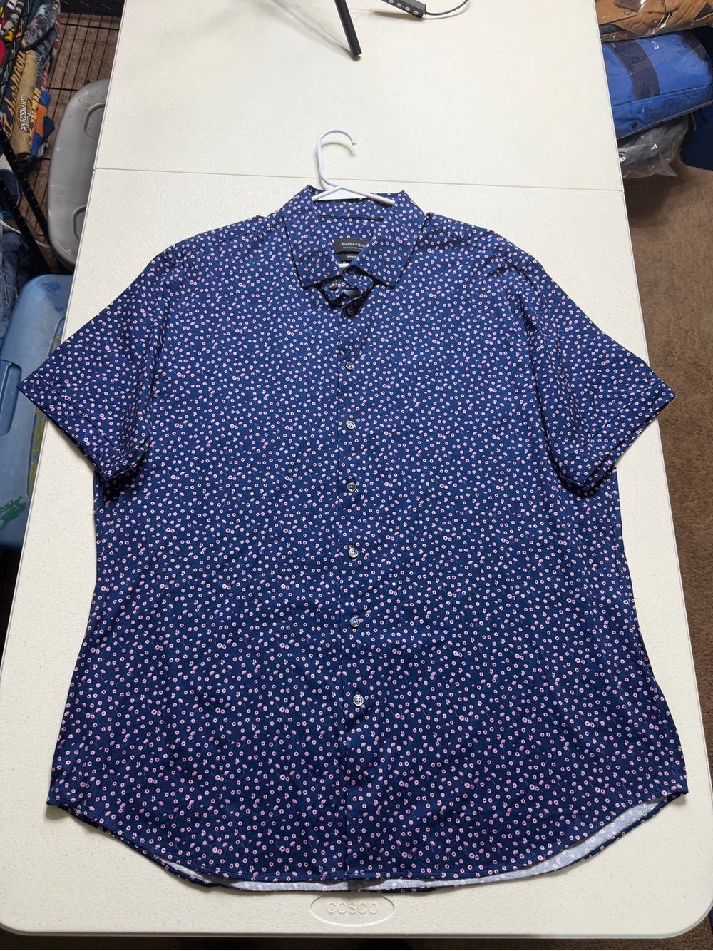Bugatchi shirt men’s XXL blue pink floral short sleeve button up stretch cotton